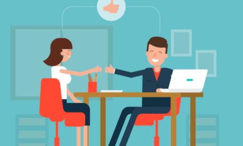 A cartoon man and woman about to shake hands during an interview.