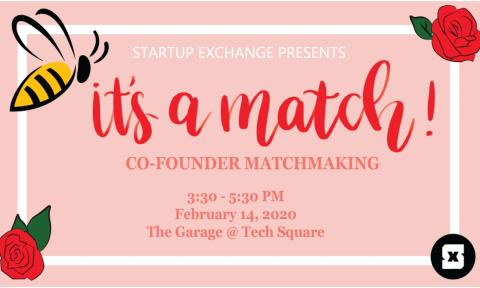 Cartoon bees and roses on the flyer for Startup Exchange's event It's a Match! on Feb. 14, 2020.