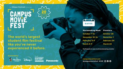 Campus Movie Fest is virtually coming to Georgia Tech to give all students the equipment, training, and opportunity to share their stories on film go to campusmoviefest.com for more information.  Text is layered over an image of a woman in profile, a camera at her eye, recording the image she sees. 