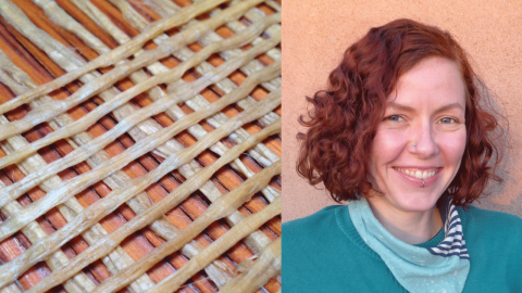 Left side of image shows fibers creating a grid. Right side is of a woman with reddish-brown curly hair smiling a the camera. She is wearing a turquoise shirt.