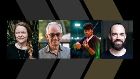 Four headshots laid out like a film strip, layered over grey, charcoal and gold chevrons on a black background. The people are a woman with a thick braid over one shoulder, a man with tinted glasses, a man playing the violin, and a bearded man smiling widely.