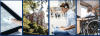 Series of four photos: a finger touches laptop key that says "Accessibility;" Tech Tower; young man sits on the ground, wearing headphones, looking at laptop; woman sits at desk in wheelchair, types on laptop 