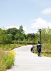 Man walking on pathway in the EcoCommons. 