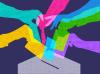 A digital drawing of several hands of different neon colors submitting ballots into a ballot box.