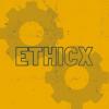 Outlined letters for "ETHICX" on top of a yellow graphic of interconnected gears.